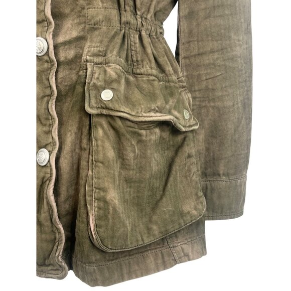 Free People Distressed Olive Button Front Relaxed Military Jacket Gorpcore Boho - Picture 5 of 16
